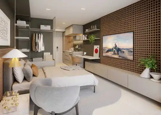 SP 360° Smart Living by Eztec — Perspectiva ilustrada — Studio de 28 m² — sugestão de decoração