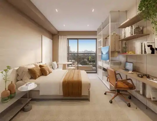 SP 360° Smart Living by Eztec — Perspectiva ilustrada — Studio de 24 m² — sugestão de decoração