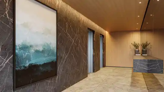 Agami Park Residences — Perspectiva ilustrada — Hall dos elevadores