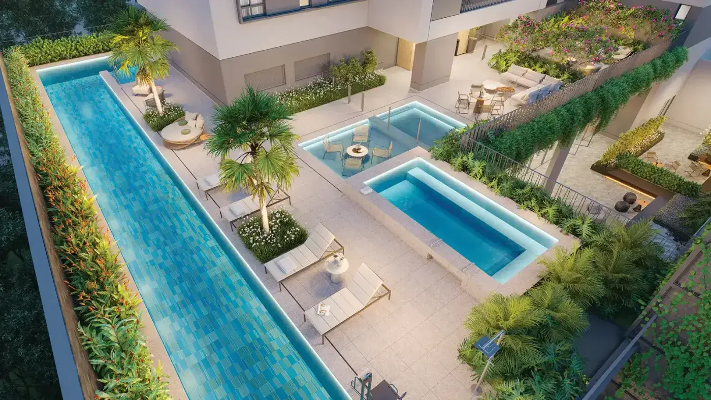 Agami Park Residences — Perspectiva ilustrada — Vista aérea das piscinas