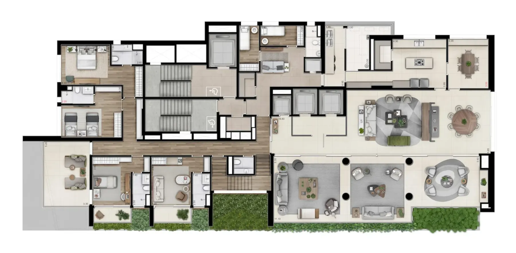 Planta cobertura 923m² - 5 suítes (pavimento inferior)