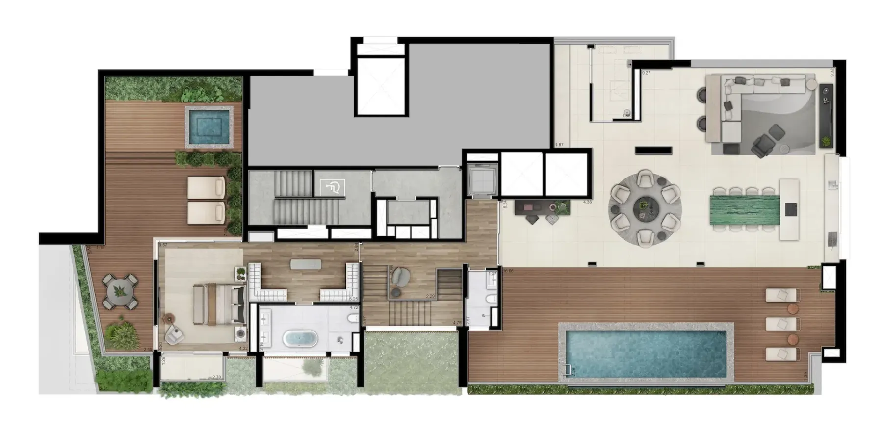 Planta cobertura 923m² - 5 suítes (pavimento superior)