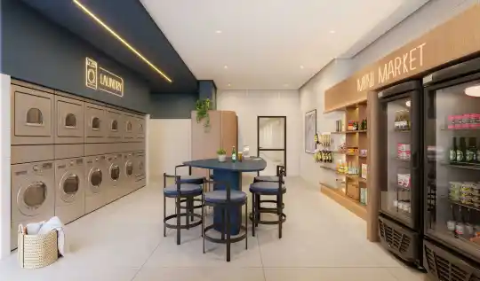 SP 360° Smart Living by Eztec — Perspectiva ilustrada — Lavanderia e minimercado
