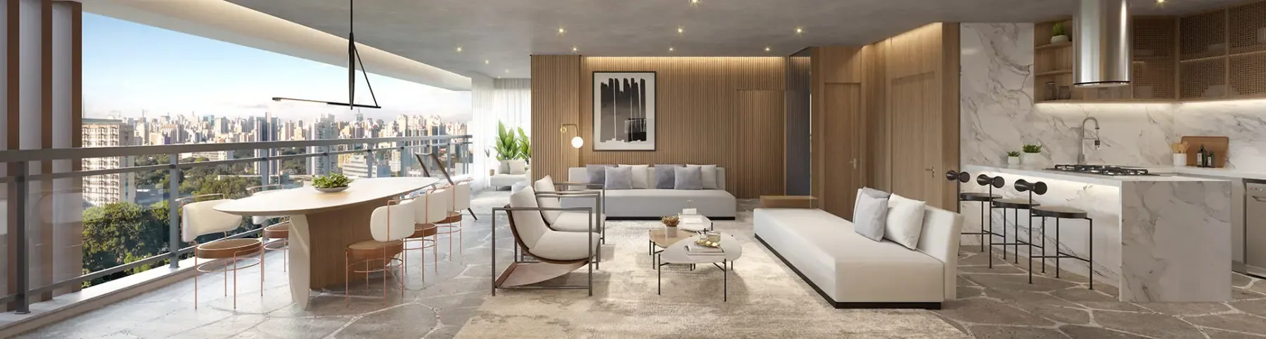 Sala de estar e cozinha — perspectiva ilustrativa