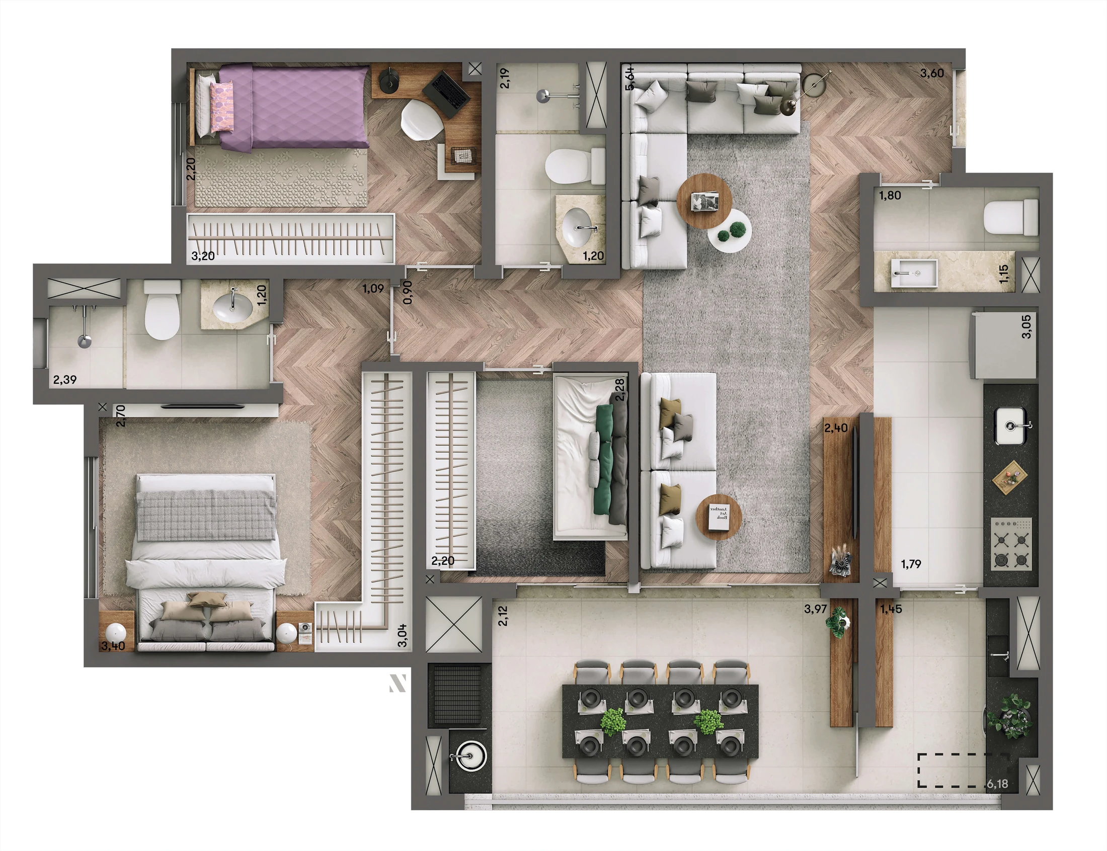 Planta Padrão 76m² | 2 dorms. | 1 suíte