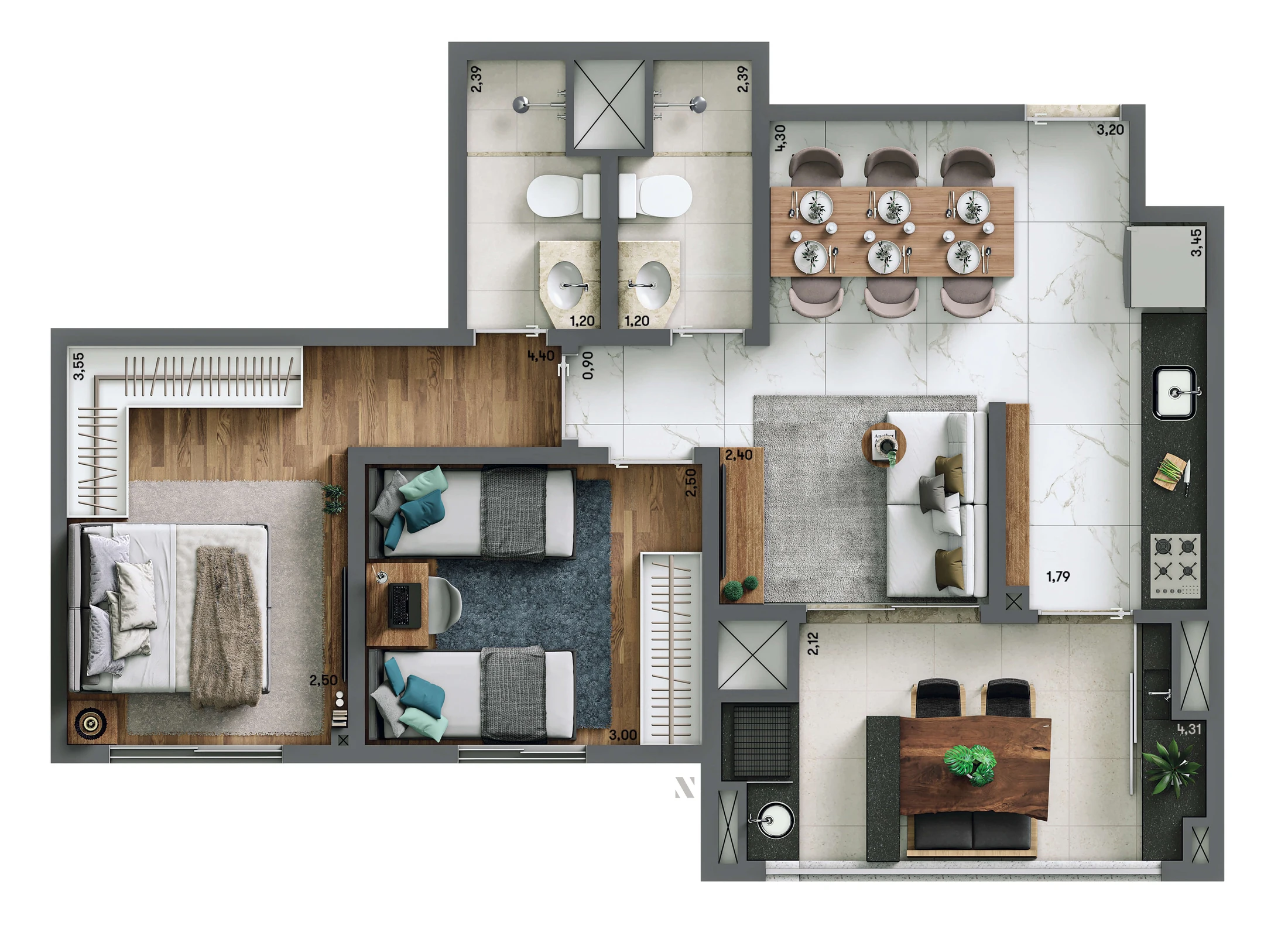 Planta Padrão 58m² | 1 dorm. | 1 suíte