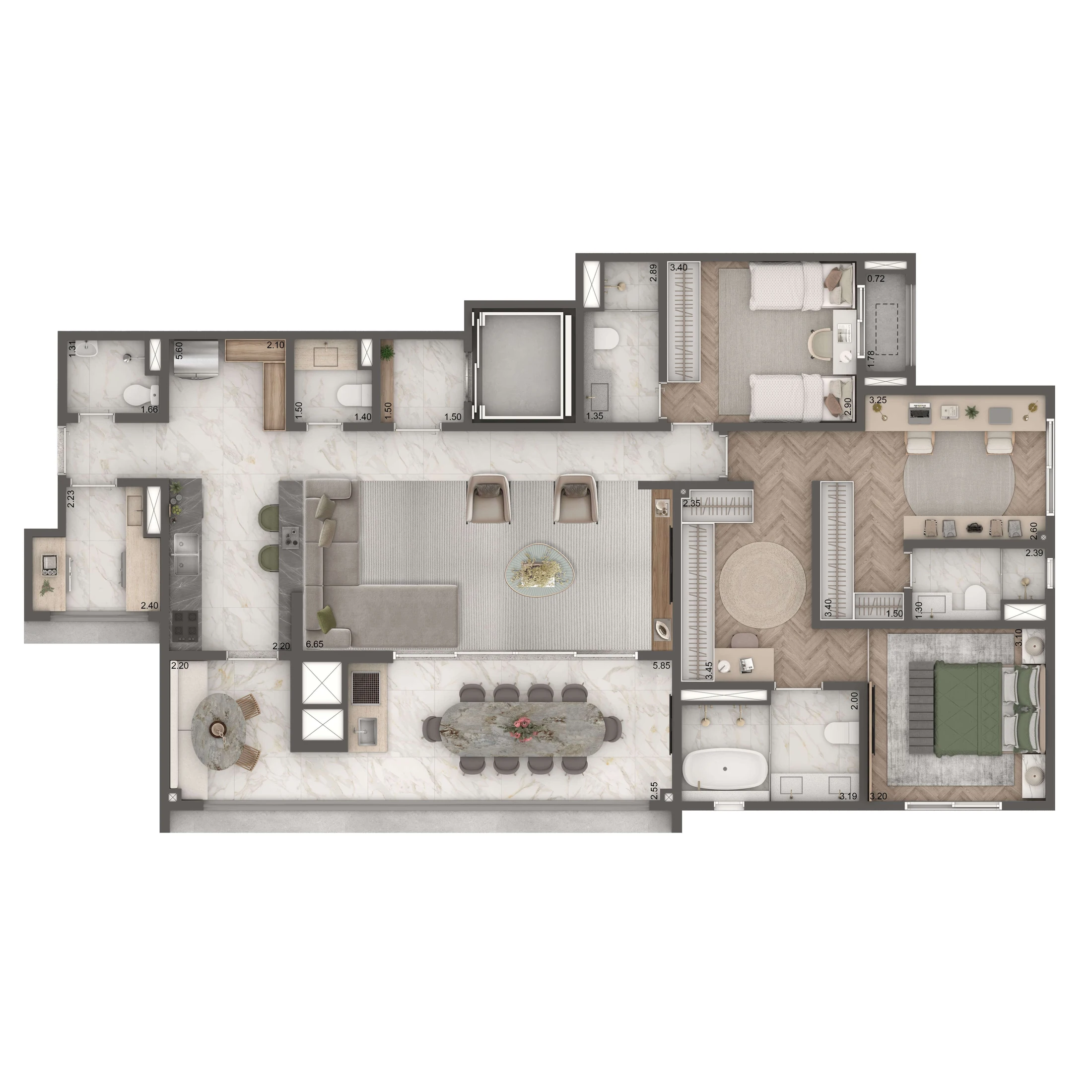 Planta Opção 149m² | 3 suítes | Cozinha Integrada e WC de Serviço