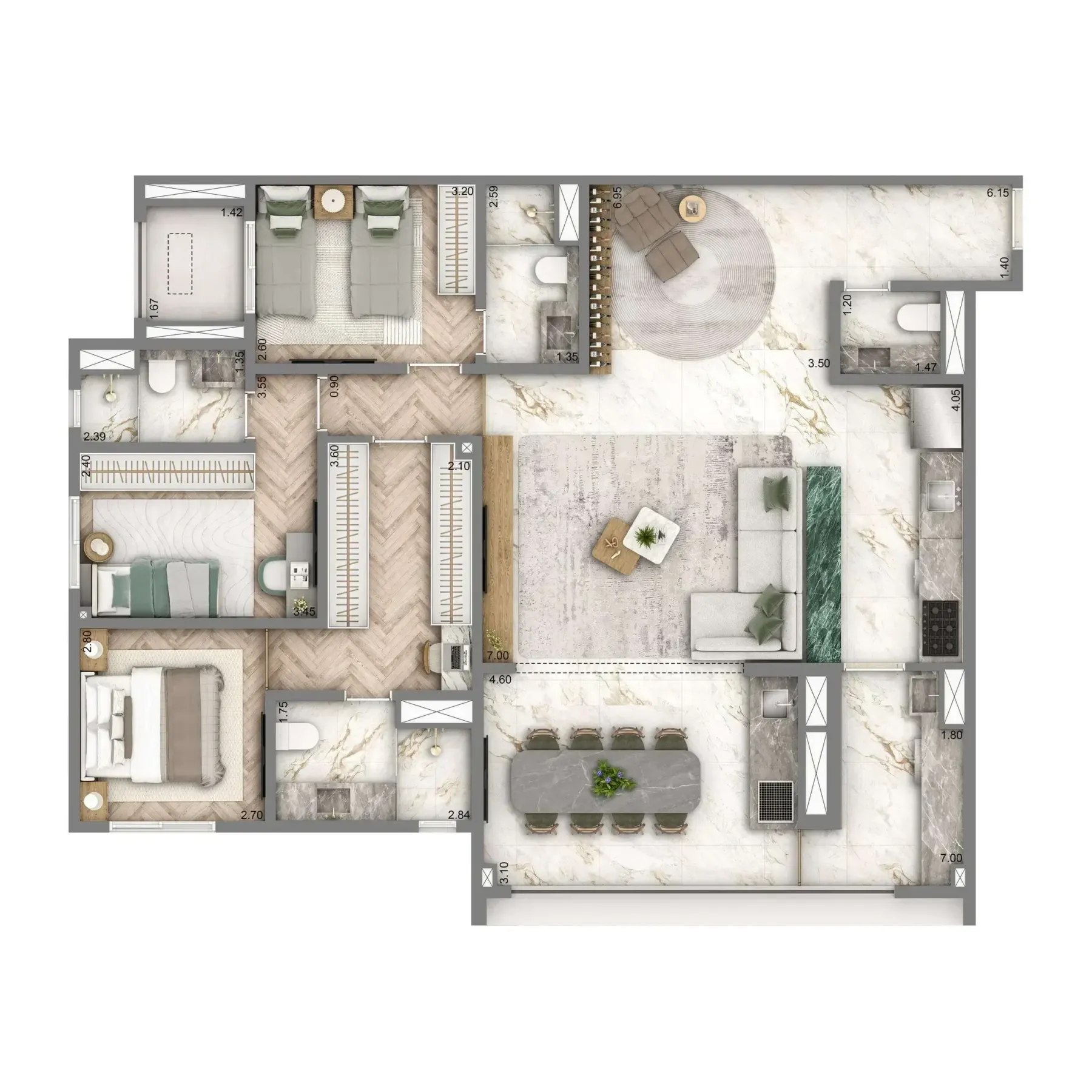 Planta Padrão 128m² | 3 suítes | 2 vagas